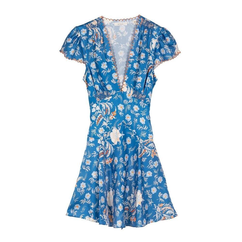 Doen Dianne Silk V Neck Puff Short Sleeve Mini Dress Blue Azure Hollyhock Hills